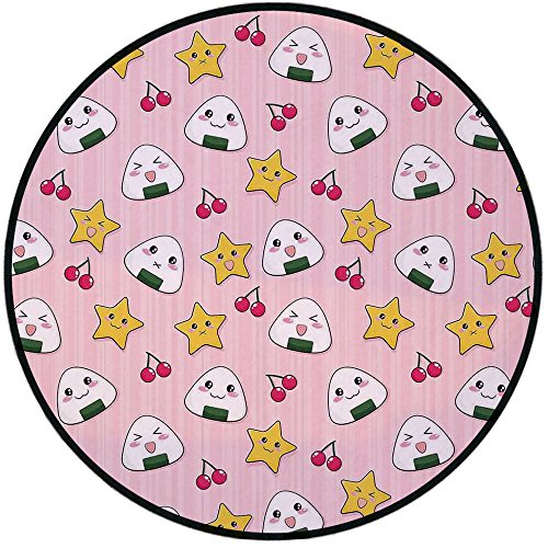 Printing Round Rug,Anime,Happy Crying Cute Cartoon Rice Balls Cherries Stars Pattern on Stripes Art Mat Non-Slip Soft Entrance Mat Door Floor Rug Area Rug For Chair Living Room,Pink Yellow and White