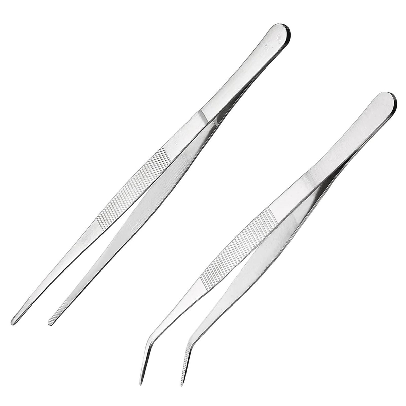 FYHJNC Bent Tweezers, 14cm/5.5in Stainless Steel Professional Non-Slip Short Straight & Curved Tweezers, Ideal for Aquatic Pets, Corals, Crafting, Cooking, Repairing (2Pcs)
