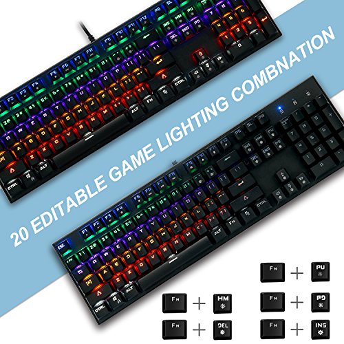 Mechanical Gaming Keyboard, Rockjame 104 Keys Anti-Ghosting LED Backlit Multiple Color Rainbow Blue Switch USB Wired Typing Gaming Illuminated Keyboard for PC Mac Gamers Typist