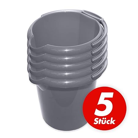 Putzeimer Set - 5 Stück mit Ausguss und Skala, 5 Liter - Eimer rund, Wassereimer Kunststoff, Haushaltseimer Plastik - verschi