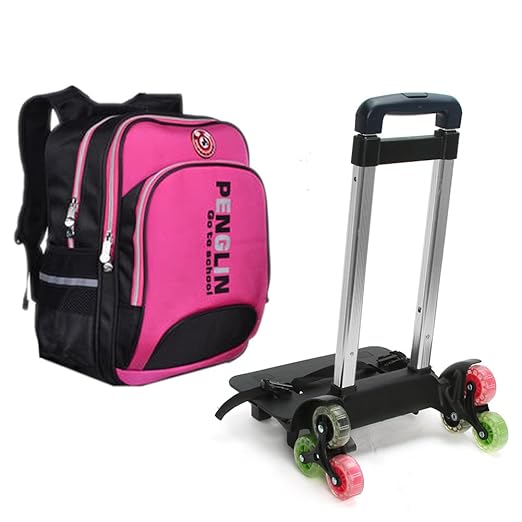 title=Zaino trolley bambino bambina rimovibile tela forte 3 ruote (rosa)