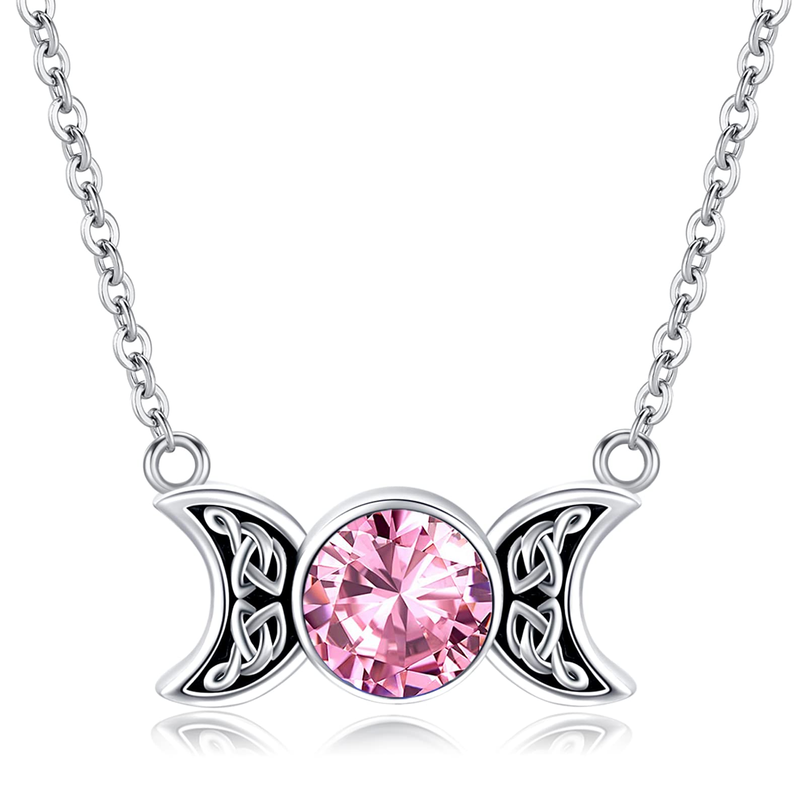 Triple Moon Goddess Necklace 925 Sterling Silver October Birthstone Moon Pendant Necklace Amulet Pagan Wiccan Jewellery Moon Goddess Necklace Gifts for Women Girls Girlfriend