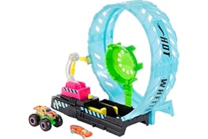 Hot Wheels Monster Trucks Glow in The Dark Epic Loop Challenge Playset with Launcher, Ramp & Giant Loop, Includes 1 1:64 Scale Die-Cast Truck & 1 Car, Toy Gift for Kids 4 to 8 Years Old Multicolor