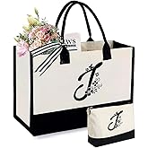 Personalized Gifts for Women - Initial Canvas Tote Beach Bag & Makeup Bag, Unique bags for Christmas, Birthday, Holiday, Wedding, Monogram Birthday Gifts for Women, Wife, Friends, sisters, Mom (J)