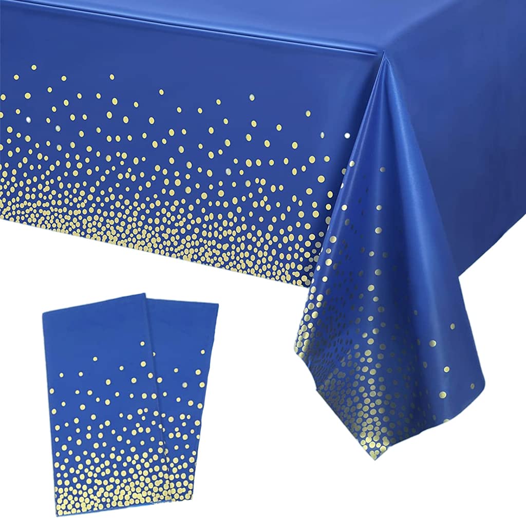 2Pc 137*274cm Dark Blue and Gold Disposable TableCloths Party,Dot Confetti Rectangular Eid Mubarak Table Cloth Plastic Tablecover for Picnic,Birthday,Wedding,Eid Mubarak Islam Muslim Party Decorations