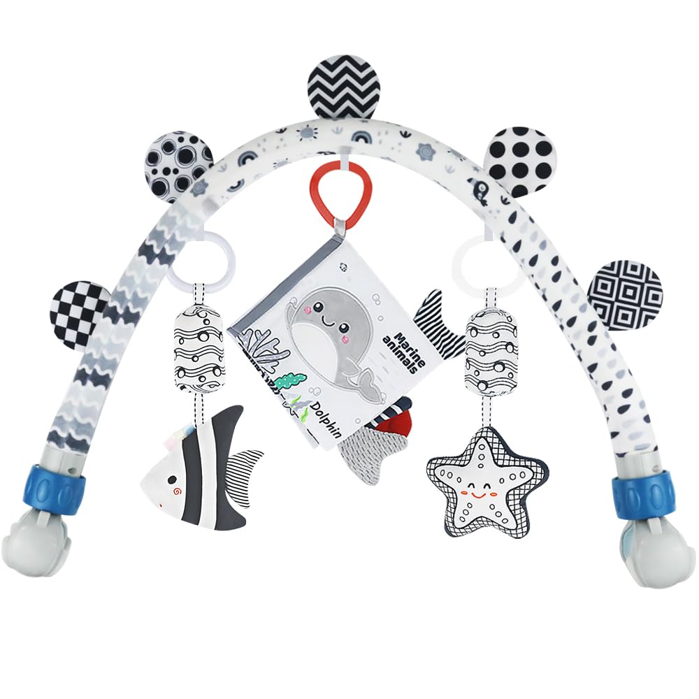 Baby Activity Arch Bassinet Toy, Black and White Travel Mobile Toy Bar with Rattle and Book, Strolle,Pram and Cot Attachment with Hanging Toys (Ocean)