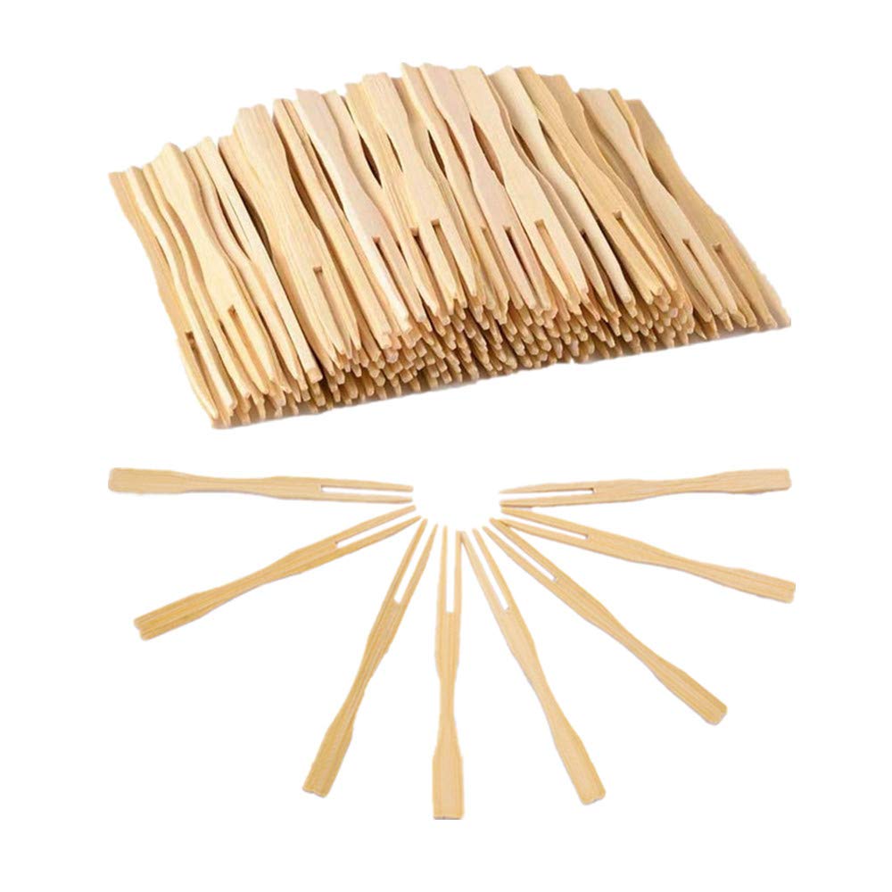 100Pcs Disposable Wooden Forks Natural Two Claw Disposable Fruit Forks Suitable for Banquet Party Catering
