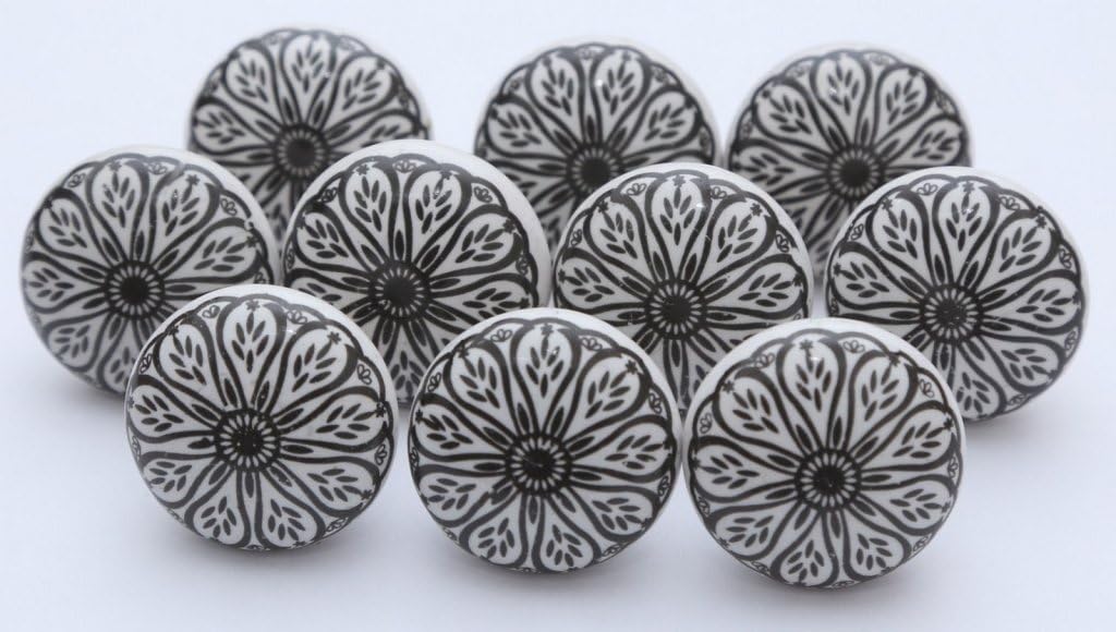 Indian Knobs Lot of 10 Black and White Handmade Ceramic Cupboard Door Knobs Kitchen Knob Lot of 10