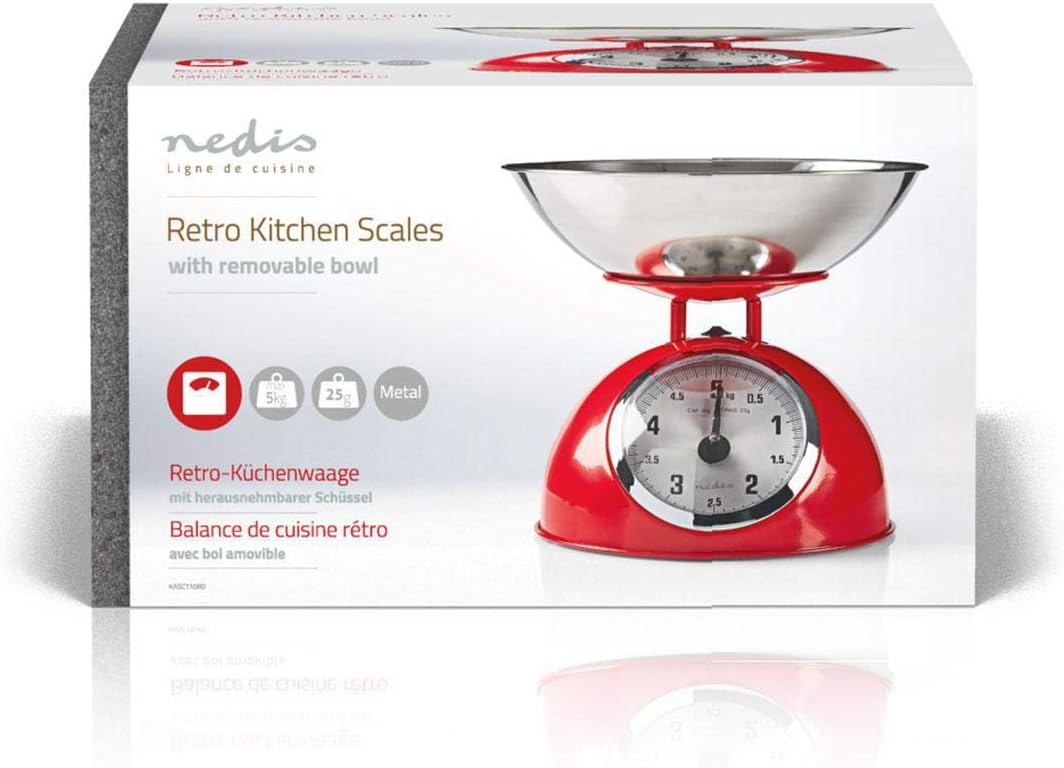 Nedis Mechanical Kitchen Scales - Retro Style Analogue Scale with 5Kg Capacity and Removable Stainless Steel Bowl - Red - Image 4