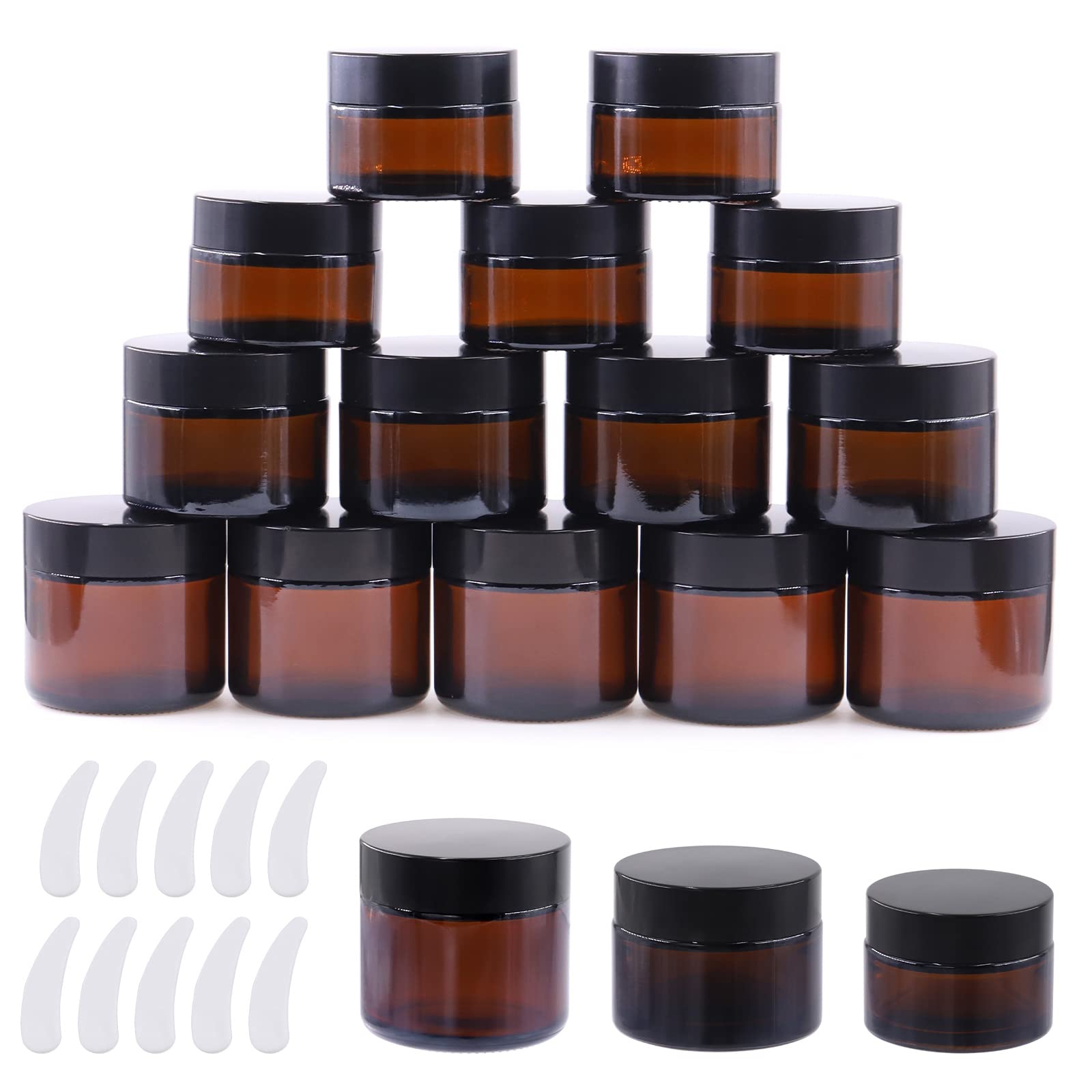 Cimeton 15Pack 1oz 1.7oz 2oz Amber Glass Jars with Inner Liners, Black Lids and 10Pcs Plastic Scrapers Kit, Amber Round Containers Cosmetic Glass Jars for Storing Lip and Body Scrub Lotion Makeup