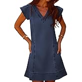 YUNDAI Women’s Denim V-Neck Short Sleeve Casual Mini Dress with Pockets Loose Fit Summer Tunic Dress