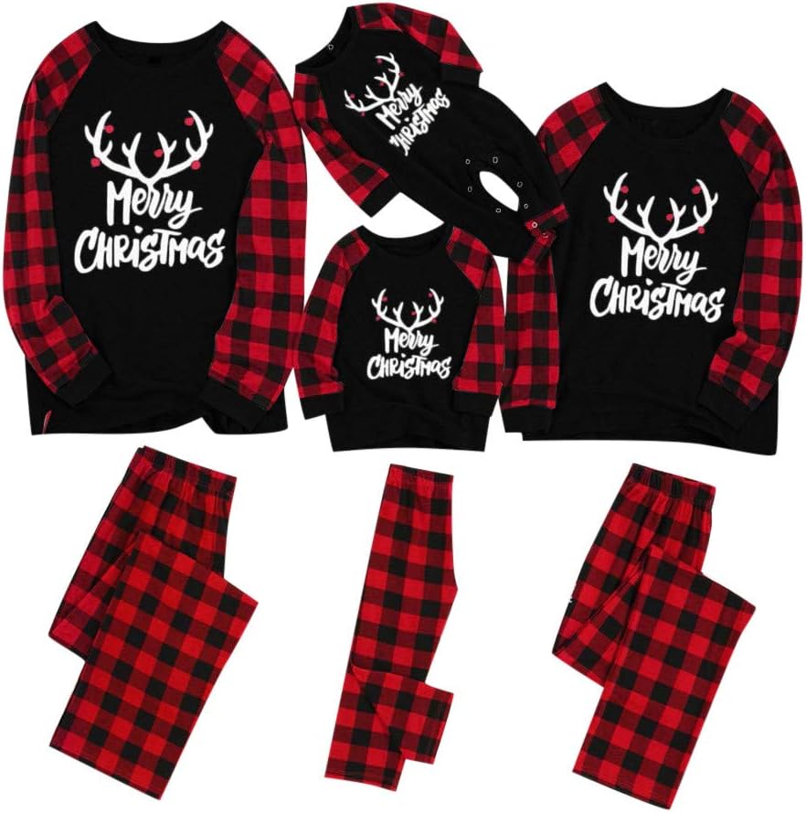 Family Christmas Pyjamas 2PCs Women Men Kids Long Sleeve Merry Christmas Dear Printed Tops with Red Plaids Pajamas Romper Bottoms Xmas Pjs Outfit Set Sleepwear for Daddy Mommy and Me