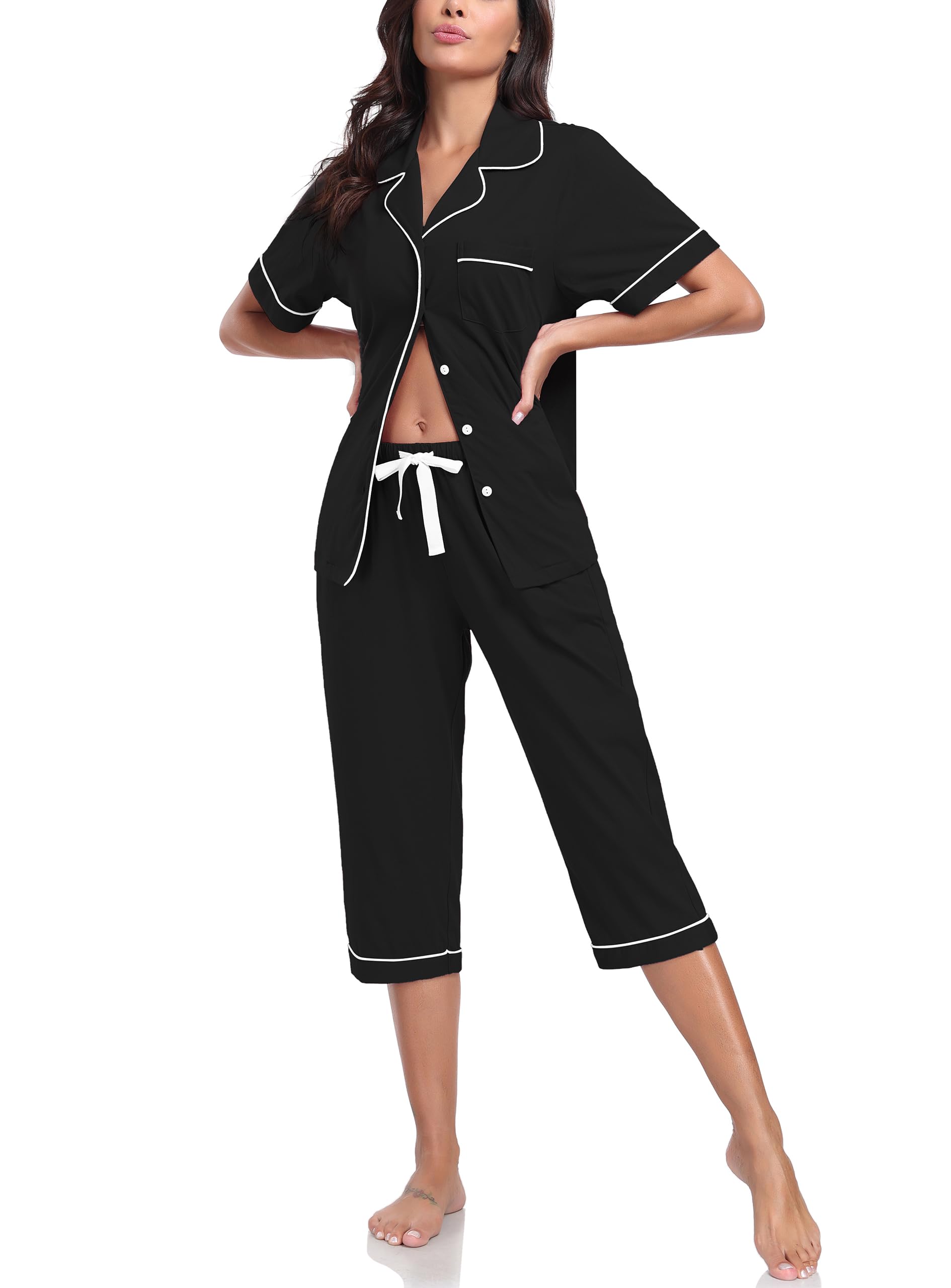 Photo 1 of (small) (bagged) COLORFULLEAF Women's Pajama Sets 100% Cotton Summer Short Sleeve Capri Pajamas for Women Set Button Down Pjs Soft Sleepwear(Black,S)