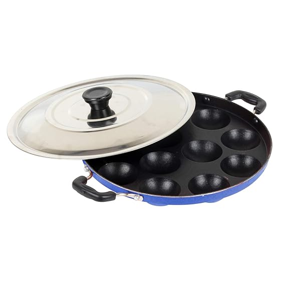 EuroSleek 12 Cavities Non Stick Appam Patra with Lid,Blue (Paniyarrakal/Paniyaram/Appam Pan