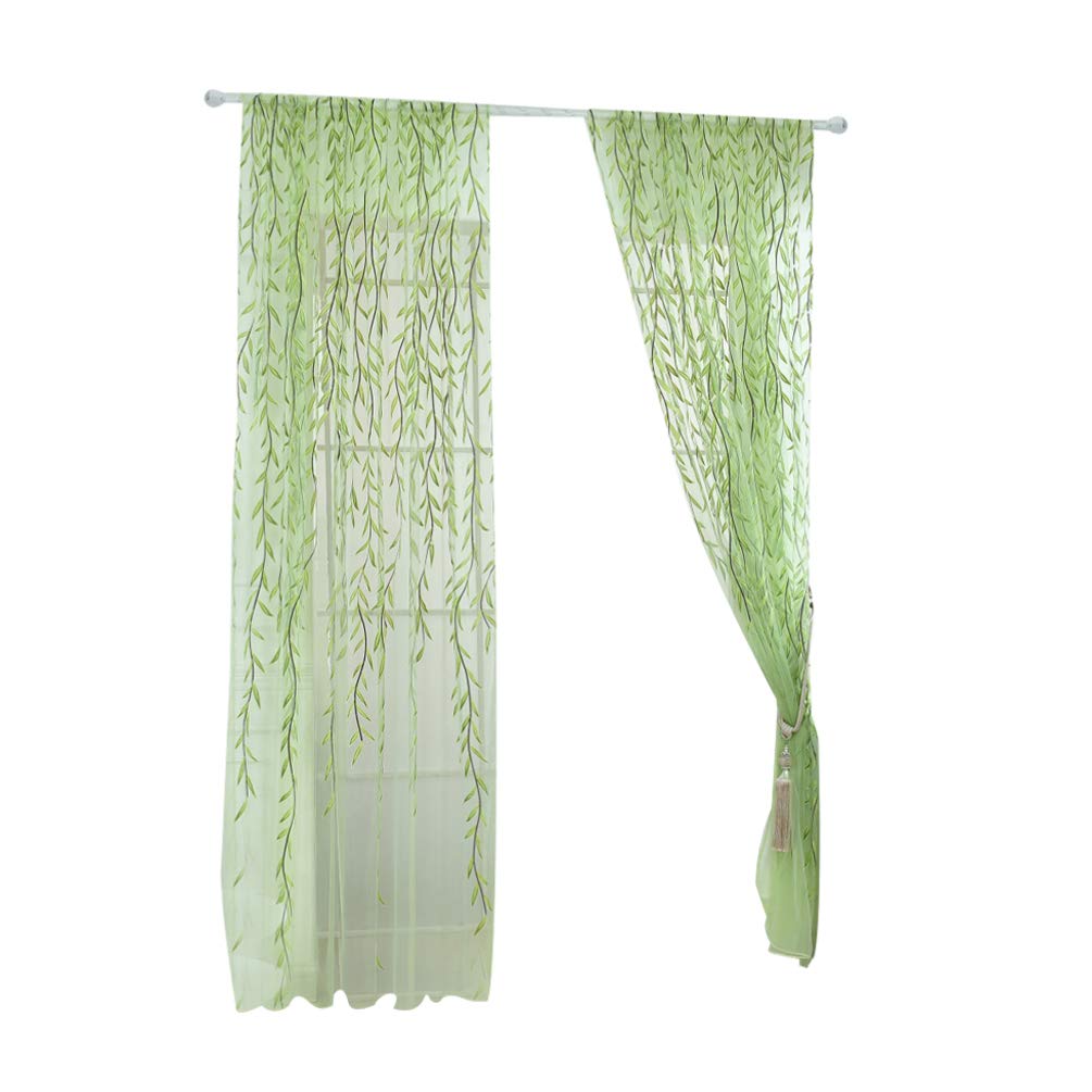 Willow Window Curtain Voile Tulle Room Salix Leaf Sheer Gauze Curtain Voile Panel Drapes for Bedroom, Living Room, Balcony (1pcs, 100 x 200cm)