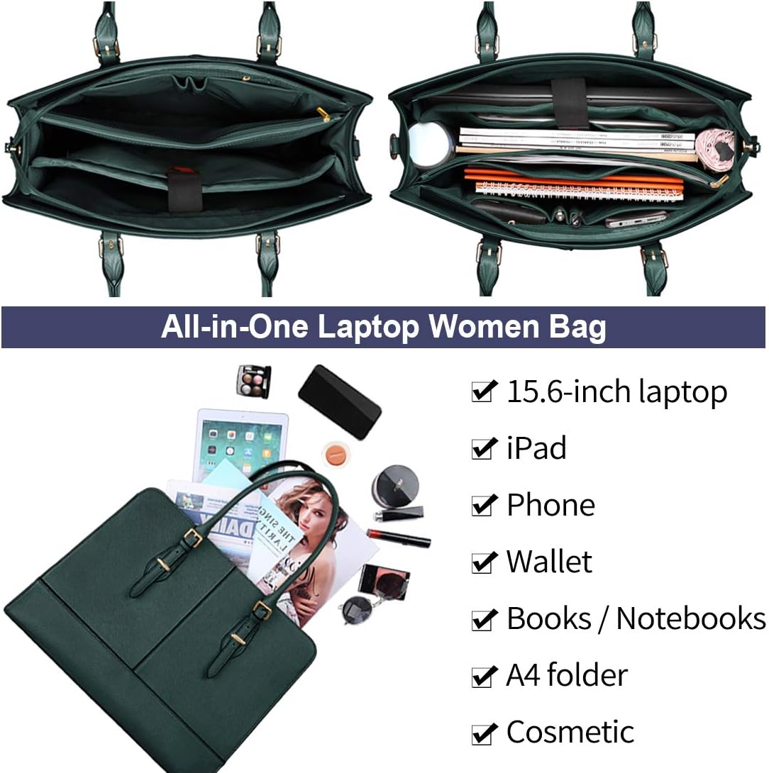 Lubardy Laptop Bags for Women 15.6 inch Ladies Leather Laptop Handbag Work Handbags Womens Tote Bag Office Green - Image 3