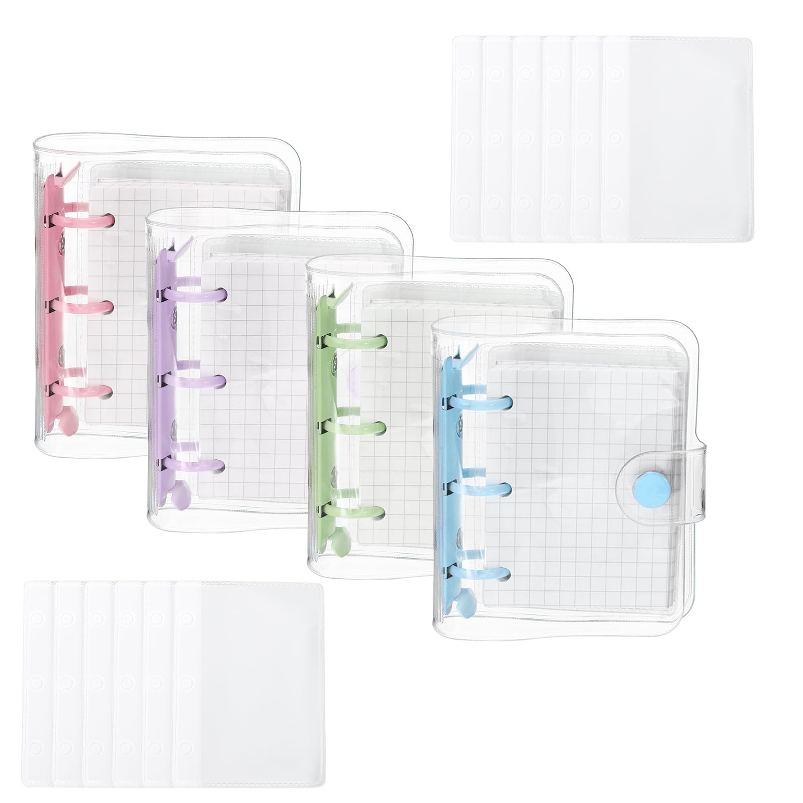 PATIKIL Clear 3 Ring Binder Cover, 4 Pack PVC Notebook Binder Mini Refillable Loose Leaf Folder Planner with 320 Sheets Paper, Pink Purple Green Blue
