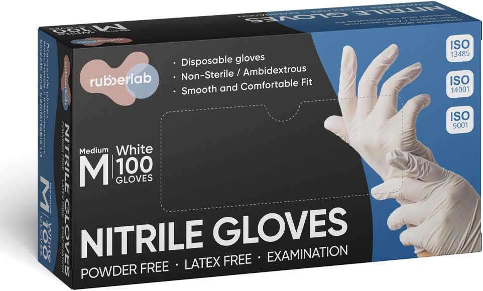 Rubberlab Nitrile Disposable Gloves, Food Grade Gloves, Powder Free, Latex Free, 100pcs, Medium(M) Size, White
