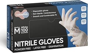 Rubberlab Nitrile Disposable Gloves, Food Grade Gloves, Powder Free, Latex Free, 100pcs, Medium(M) Size, White