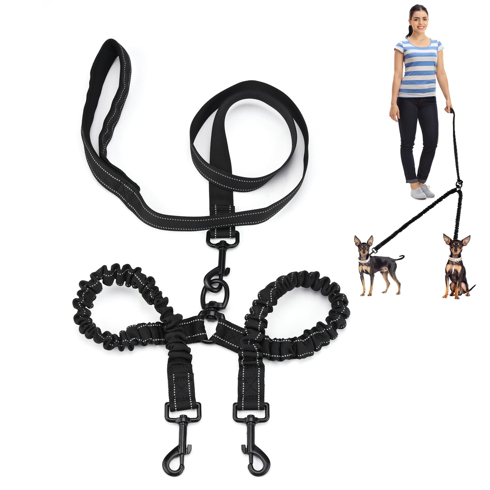 olyee Double Ended Lead for Dogs, Double Dog Lead Coupler for Walking 2 Medium Dogs no Tangle Frenchie Harness with Safety Clip Reflective Shock Absorbing Bungeefor Small Large Boy and Girl Dog
