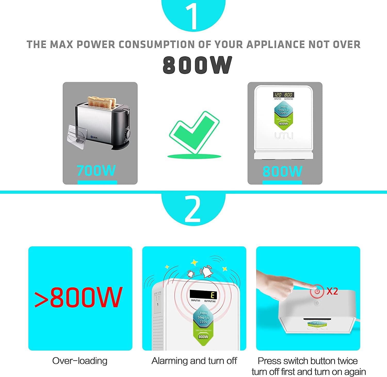 UMI Step Up 110v to 220v Voltage Converter 800W for Europe and Asia 220-240V Appliance Use in US Canada Mexico - Power Transformer