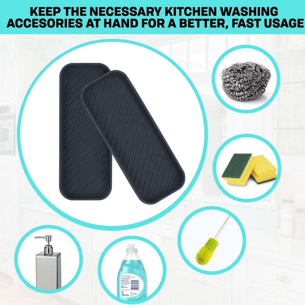 webake Kitchen Caddy Sink Tidy Organiser Silicone 2 Pcs Kitchen Sink Tray Sponge Holder for Dish Sponge Soap Dispenser, Scrubber, Black - Image 3