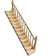 Miniature Stairs 1:12 Scale Dollhouse Furniture Wooden Handrail DIY Unpainted Staircase Dollhouse Accessories Pre-Assembled Steps Model (Right-Handrail)
