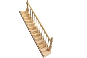 CUTEMINI Miniature Stairs 1:12 Scale Dollhouse Furniture Wooden Handrail DIY Unpainted Staircase Dollhouse Accessories Pre-Assembled Steps Model (Right-Handrail)