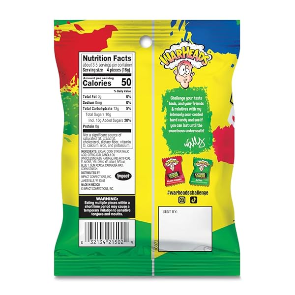 WARHEADS – EXTREME SOUR HARD CANDY – ASSORTED FLAVORS – SOUR APPLE, BLACK CHERRY, BLUE RASPBERRY, LEMON & WATERMELON FLAVORS – 2 OZ. BAG