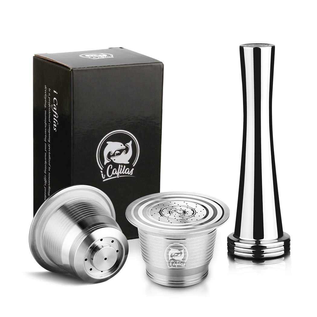 i Cafilas Reusable Refillable Nesspresso Coffee Capsule, 2PCS Stainless Steel Metal Refillable Coffee Capsule for Nesspresso Machine with 1 Spoon and 1 Brush and 1 Tamper