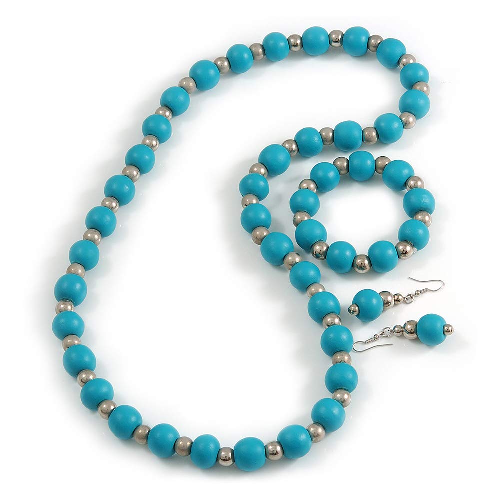 Avalaya Turquoise Blue Wood and Silver Acrylic Bead Necklace, Earrings, Bracelet Set - 70cm Long