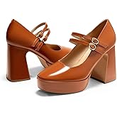 Coutgo Womens Mary Jane Platform High Heels Chunky Block Heel Closed Toe Pumps Buckle Strap Wedding Dress Shoes
