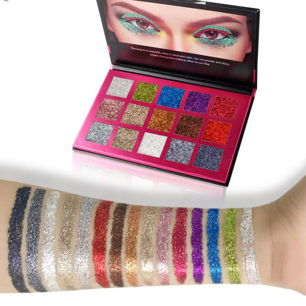 Glitter Eyeshadow Palette 15 Colors Highly Pigmented Mineral Foiled Long-Lasting Shimmer Powder Eye Shadow Palette Waterproof Makeup Kit (Glitter)