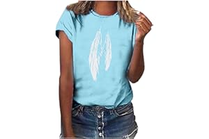 ANUYALUE Casual Tops for Women,Lady Feather Print Tee Short Sleeves Blouses Crewneck Casual Shirts Spring Tees