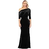 Betsy & Adam Women's Long Stretch Velvet One Off Shoulder Asymmetric Sleeve Gown, Black, 14