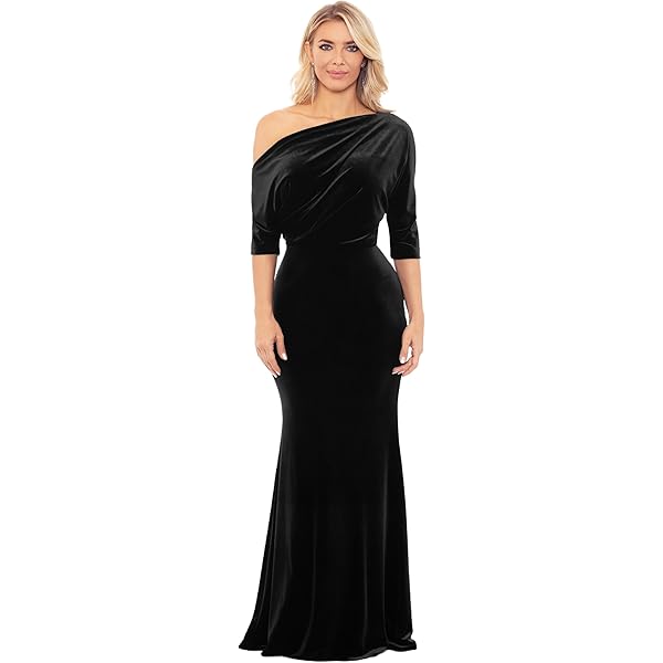 Amazon.com: Betsy & Adam Women's Long Stretch Velvet One Off Shoulder  Asymmetric Sleeve Gown, Black, 8 : Clothing, Shoes & Jewelry