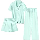 Umeyda Girls Lyocell 3 Piece Pajamas Set Button Down PJs Set Soft Loungewear Short Sleeve Sleepwear