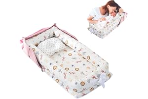 Loevin Baby Lounger with Pillow,Baby Lounger for Newborn Portable,Baby Nest Cosleeping for Baby in Bed Adjustable Size & Strong Zipper Lengthen Space to 24 Months(Animal World Pink)