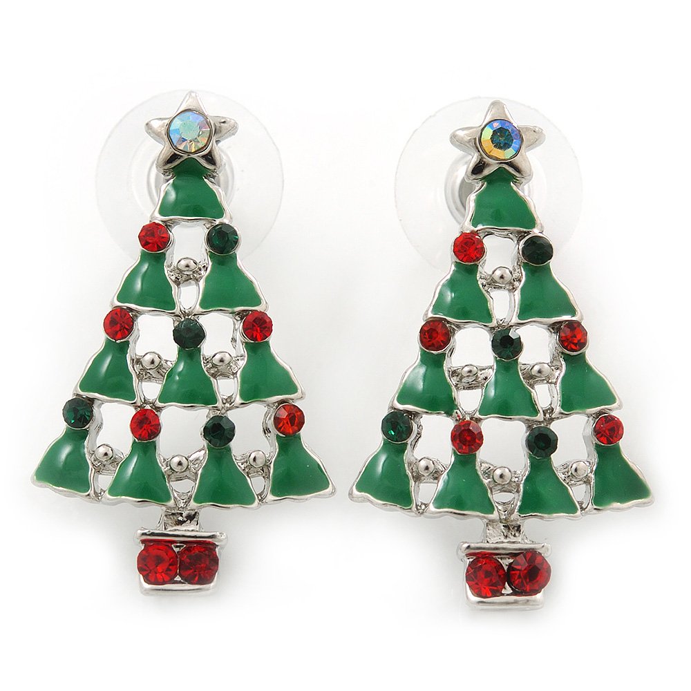 Red, Deep Green Crystal, Green Enamel Christmas Tree Stud Earrings In Silver Tone/30mm Tall