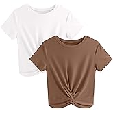 JINKESI Women's 2 Pack T-Shirts Summer Crop Tops Causal Crew Neck Short Sleeve Twist Front Tee T-Shirt
