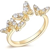 Moissanite Flower/Butterfly/Star Pretty Open Ring for Women, Adjustable Ring, Solid 925 Sterling Silver with Gold Plated, Stackable Ring, Birthday Valentines Anniversary Mothers Day Ideal Gift for Her
