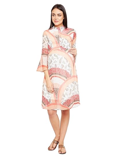 Women's Mandarian Collar Polyester 3/4th Sleeves Maternity A-line Printed Dress (Off-White)