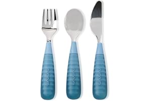 NumNum Toddler Utensils Set, 4th Stage Kids Silverware for 2+ Years, Pre-Spoon, Fork, Spoon & Knife GOOtensils with Stainless Steel Heads, BPA-Free Silicone Toddler Feeding Essentials, 3-Pack Blue
