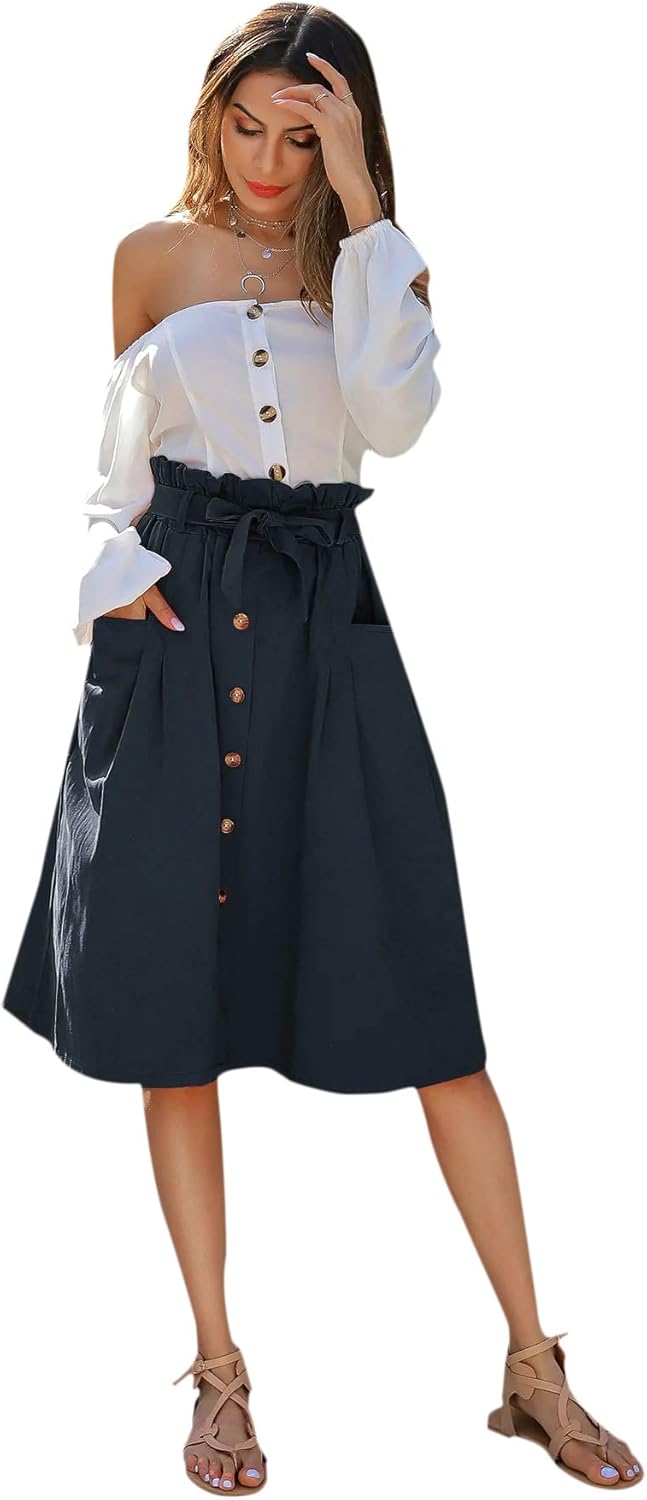 SweatyRocks Women's Casual High Waist Pleated A-Line Midi Skirt with Pocket at  Women’s Clothing store