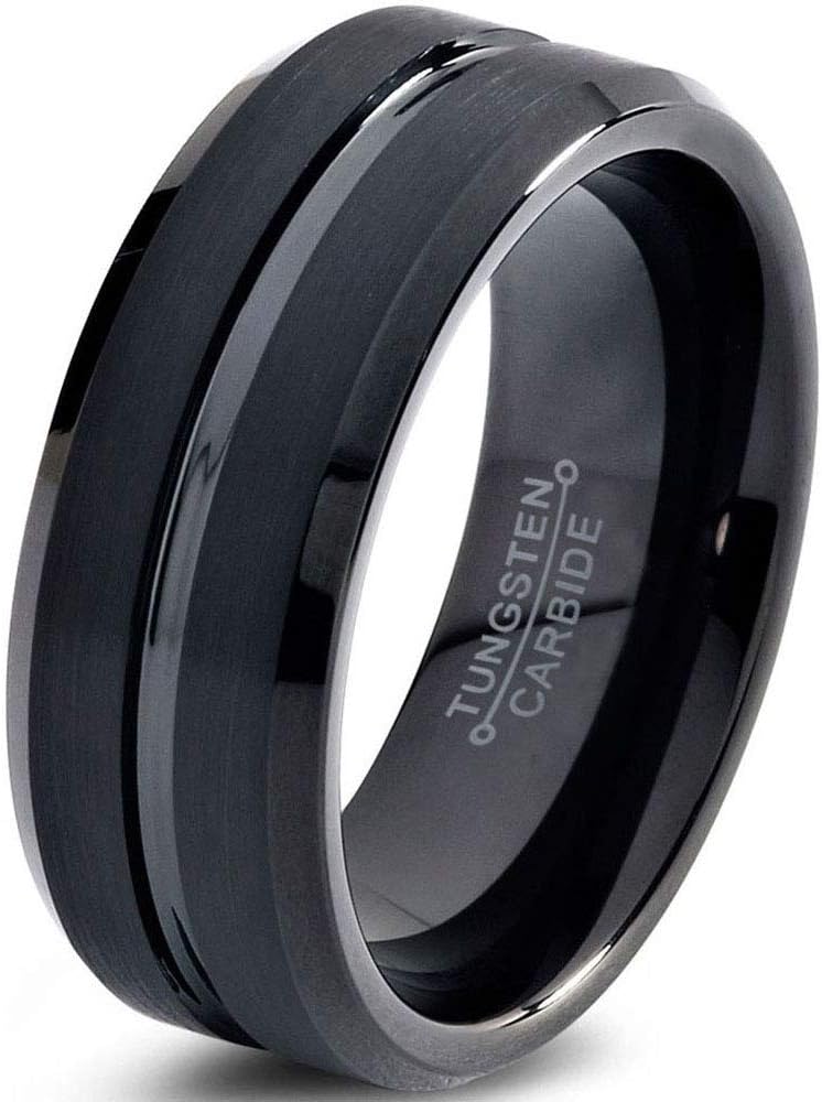 Charming Jewelers Tungsten Wedding Band Ring 8mm Men Women Comfort Fit Grey Black 18K Yellow Gold Plated Bevel Edge Brushed Polished