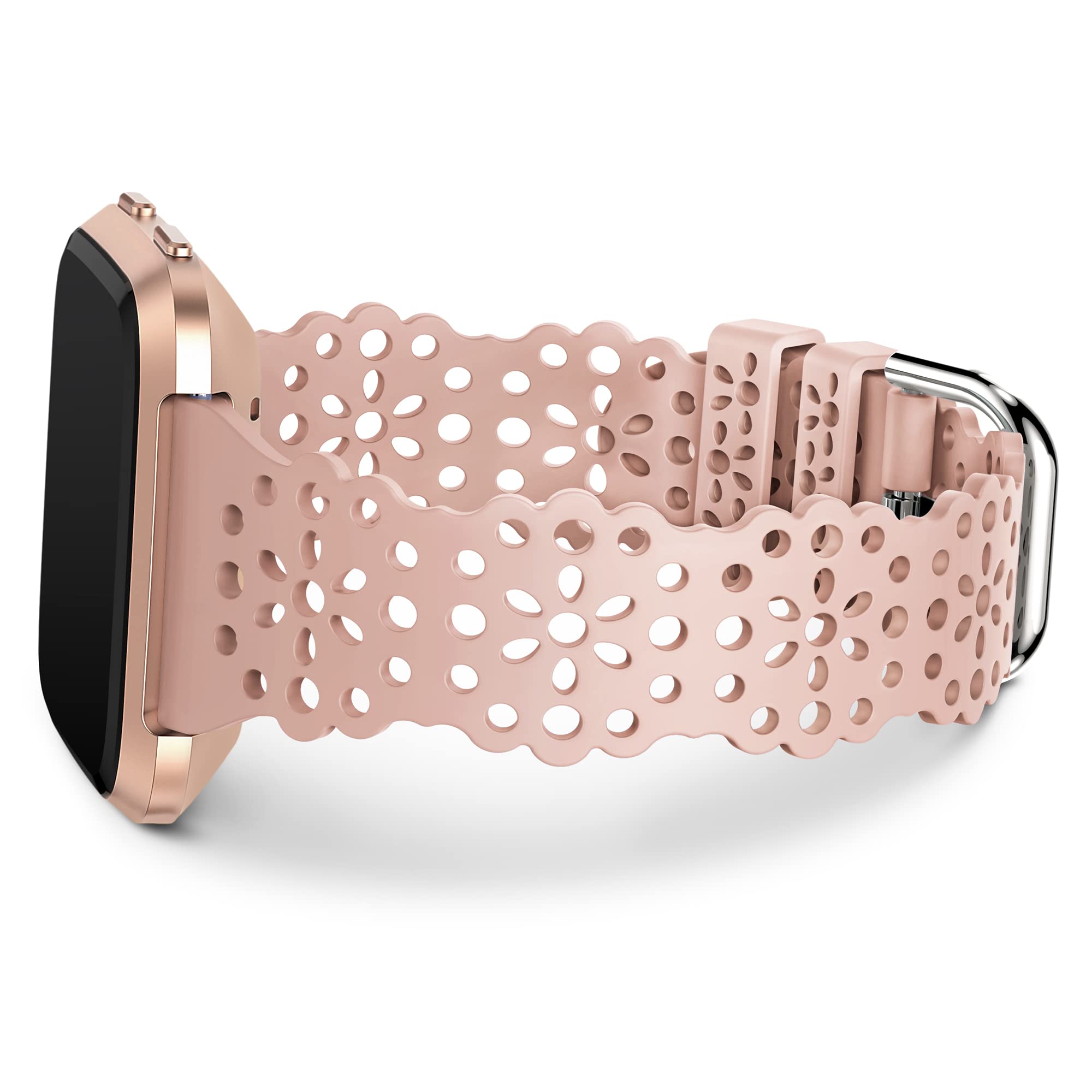 TOYOUTHS Lace Silicone Strap Replacement - Compatible with Fitbit Versa/Fitbit Versa 2 - Women's Slim Hollow-out Soft Sport Band, Breathable Waterproof - Pink — image 1