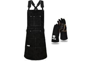 LeaSeek Leather Welding Apron,Heat & Flame-Resistant Heavy Duty Work Apron with 6 Pockets,Woodworking Apron