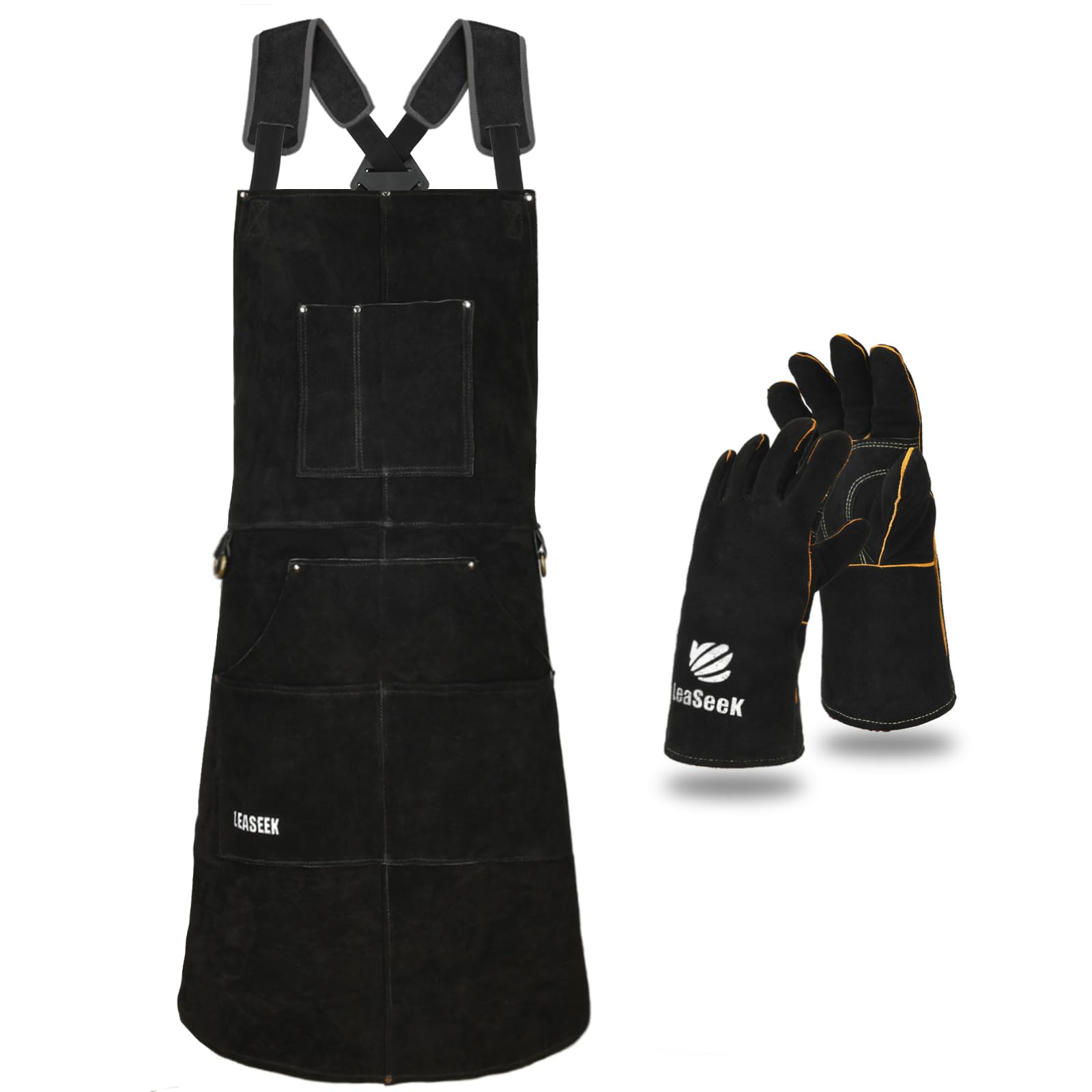 LeaSeek Leather Welding Apron,Heat & Flame-Resistant Heavy Duty Work Apron with 6 Pockets