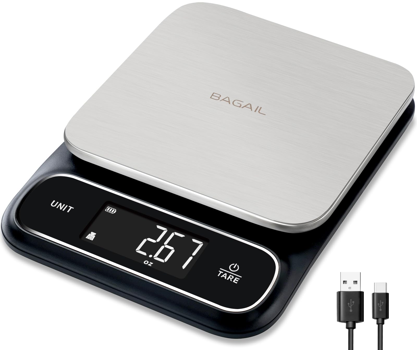 BAGAIL Food Scale, 22lb High Capacity Kitchen Scales, IPX6 Waterproof, USB-C Rechargeable, 0.05oz/1g, Digital Scale for Food Ounces and Grams with Stainless Steel Weighing Platform - Black