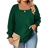 Eytino Womens Plus Size Fall Tops Square Neck Puff Long Sleeve Casual Loose Tee Shirts(1X-5X)
